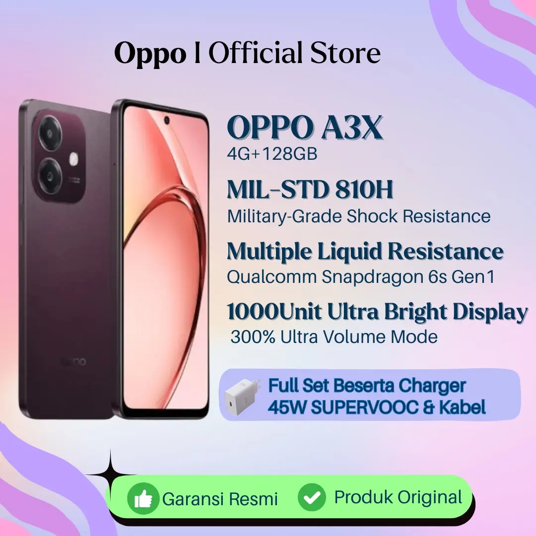COD OPPO A3x (New Launching Product) 45W SUPERVOOC,Qualcomm Snapdragon 6s 4G Gen1, 1000 Unit Ultra Bright Display, Military-Grade Shock Resistance GARANSI RESMI