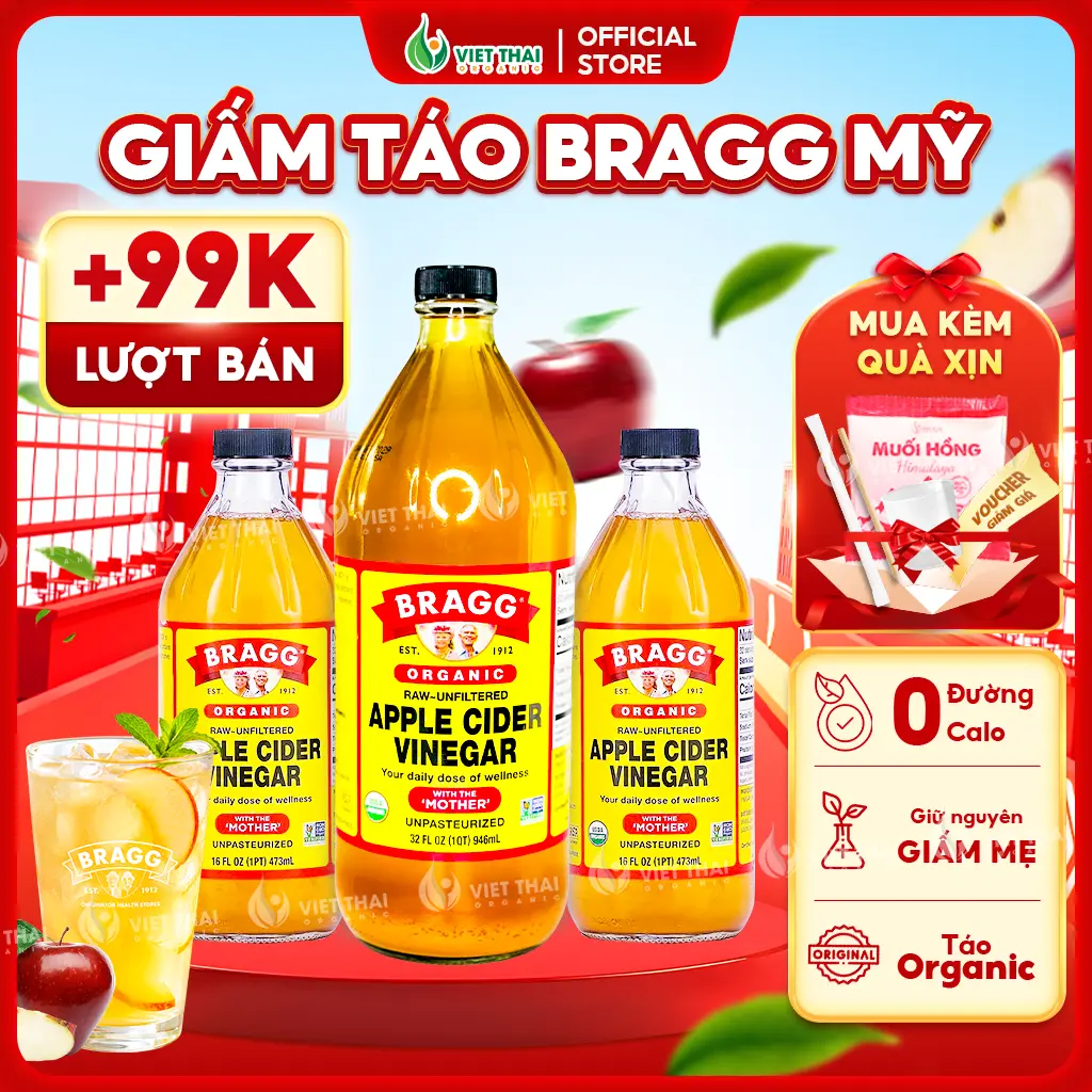 [CHÍNH HÃNG + QUÀ] Giấm Táo Bragg Có Giấm Cái - Dấm Táo Mỹ Thức Uống Healthy Eatclean Gia Vị Nấu Ăn Trộn Salad (Việt Thái Organic)