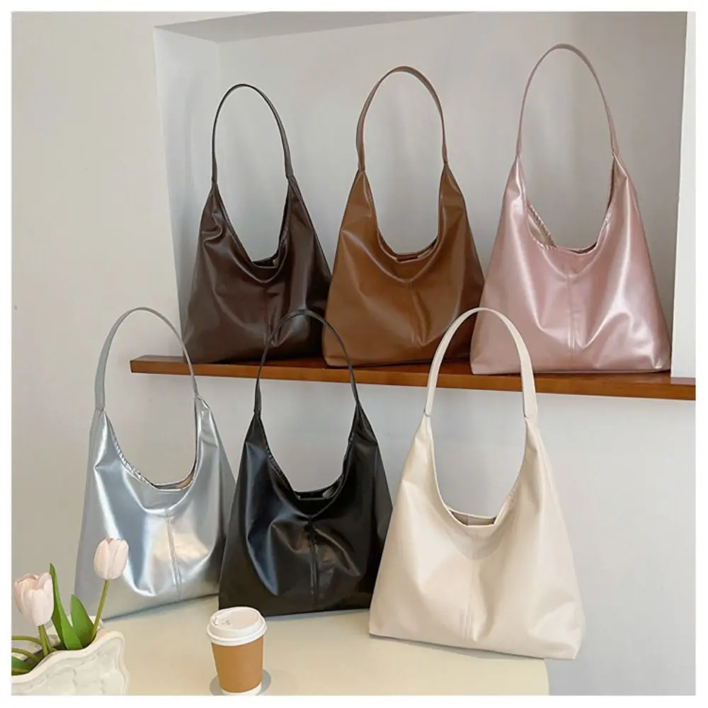 Fashionable Solid Color Shoulder Bag Large Capacity Glossy Underarm Bag Soft Tote Bag