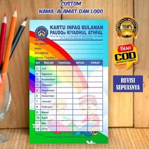 Kartu SPP Custom kwitansi 100 Pcs surat pengantar 50 Pcs Bahan Karton Tik Tebal Ukuran 10,5 x 16,5 cm Cetak Full Color Cocok Untuk PAUD TK TPQ MD Stationery