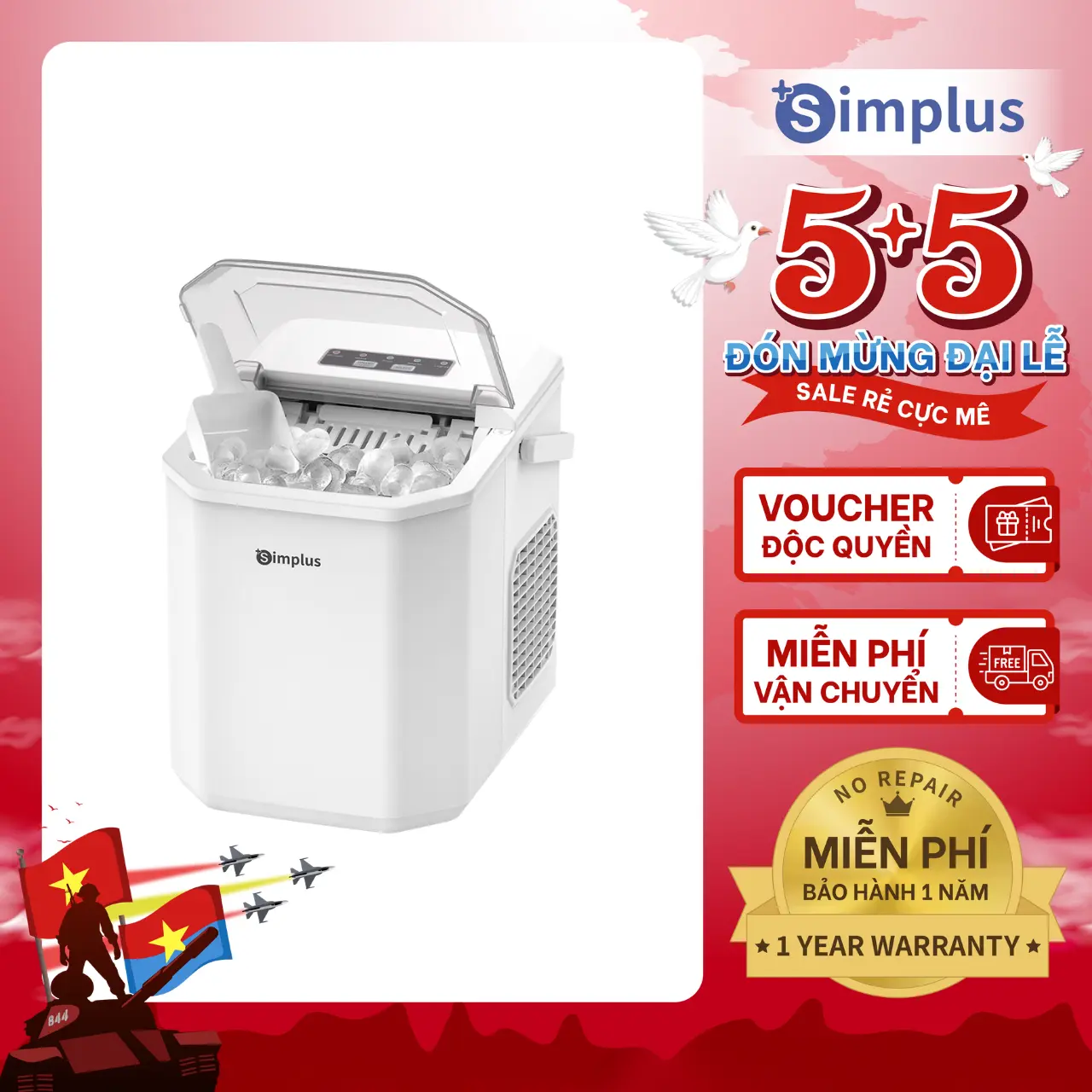 SimplusVN Máy Làm Đá Simplus Dung Tích 1.3L ZBJH001, Giữ Lạnh Lâu, Chức Năng Tự Làm Sạch, Bảo Hành 1 Năm Chỉ Đổi Không Sửa