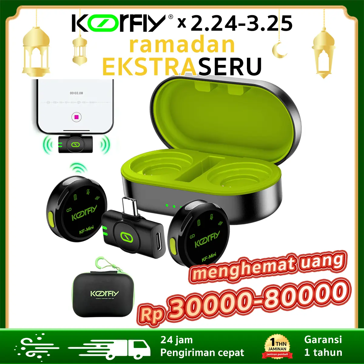 KOORFLY-Mini Wireless Clip on Mic Microphone Professional Mikrofon Lavalier HP Desain magnetik, tas penyimpanan gratis, tali pengikat Plug & Play Lapel Mic