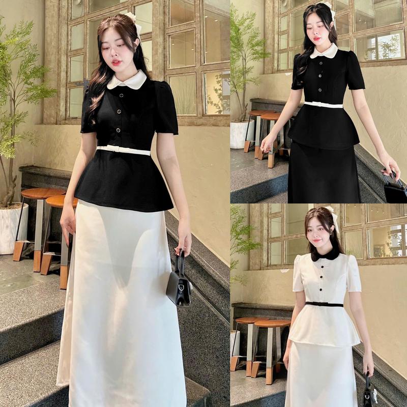  281- TÁCH LẺ  Set Đồ Nữ Áo Peplum Cổ Sen Tay Phồng Đính Nơ Nút Kèm Chân Váy Midi Dài 88-90cm  Vintage Size S M L Chất Liệu Tuyệt Mưa phù hợp đi làm đi chơi đi tiệc 