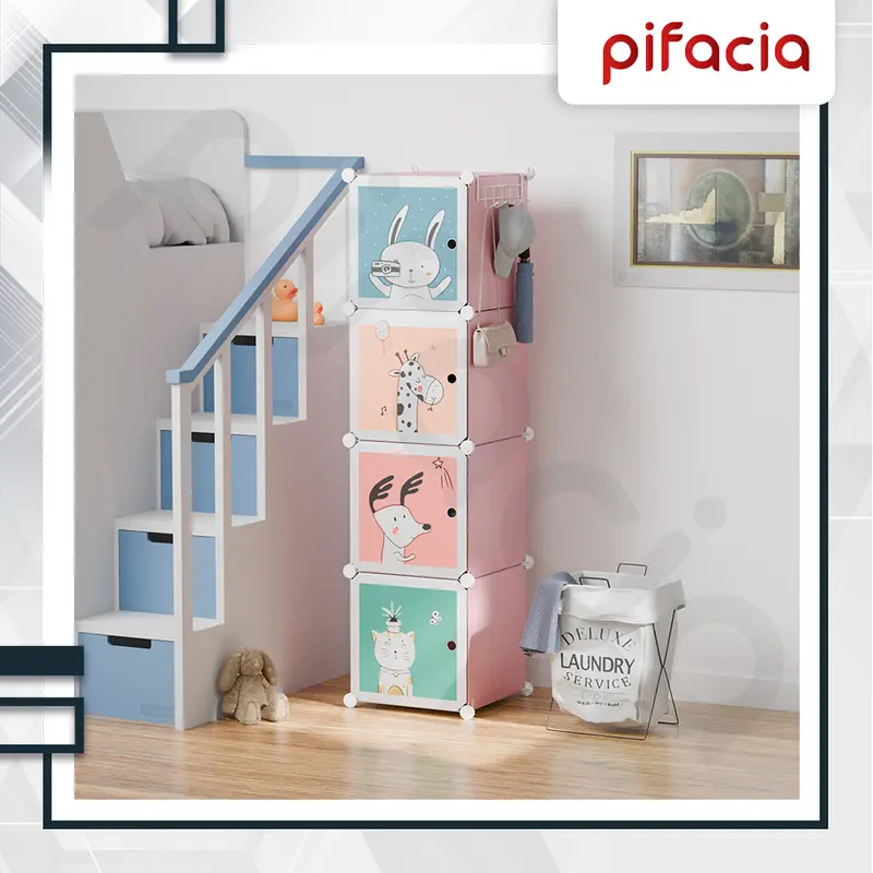 PIFACIA Lemari Pakaian Anak Baby 4 Susun Dengan Gantungan Portable Kabinet Penyimpanan Serbaguna 3