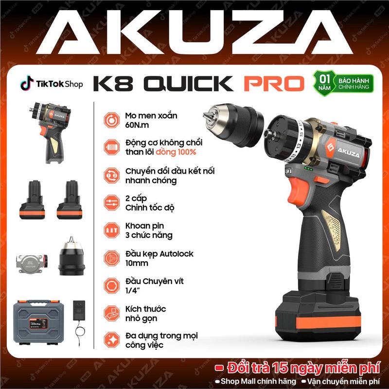 Khoan Pin AKUZA K8 QUICK PRO 4 in 1 Có Búa- Khoan pin 16,8V Không Chổi Than Đầu Kẹp 10mm