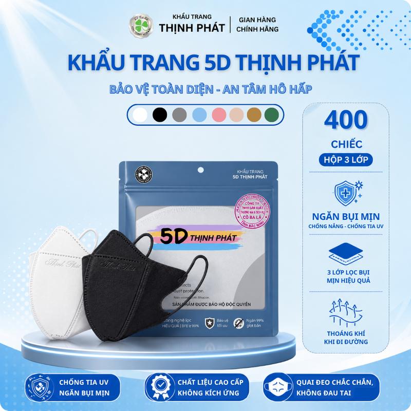 Combo 400 Chiếc Khẩu Trang 5D Thịnh Phát Chất Liệu Vải Không Dệt 3 Lớp Kiểu Dáng 3D Thông Minh An Toàn Thoải Mái Free Ship