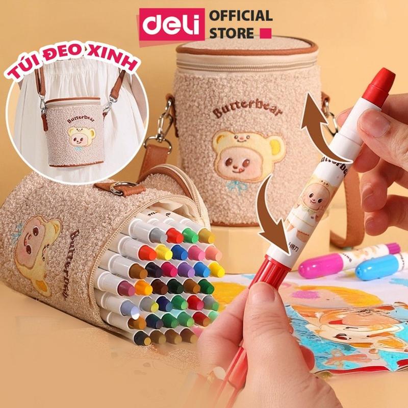  Bút Màu Sáp Lụa Gấu Buter Bear Deli - Có Quai Đeo Xinh Xắn Màu Sáp Dầu Bút Xoay 24 36 Màu Kèm Túi Đựng Xinh Xắn 