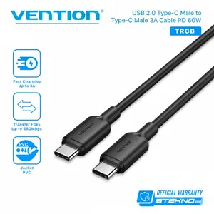 Vention Kabel Data USB Type C to C Male 3A PD 60W Fast Charging TRC Black 1 Meter untuk iPhone 15 & Laptop Macbook Windows