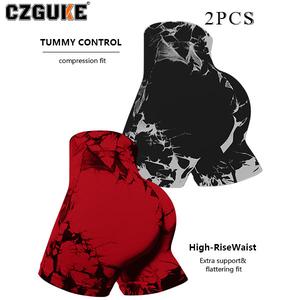 CZGUKE pantalones de fitness sin costuras con tie-dye para mujer, shorts deportivos ajustados de tiro alto para halterofilia, shorts de yoga sexys con forma de melocotón para correr y yoga