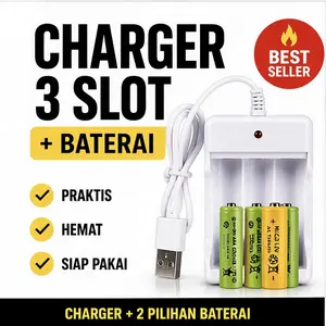 Charger Baterai AA AAA 3 Slot USB Cas Baterai Isi Ulang Fast Charging Hemat Praktis
