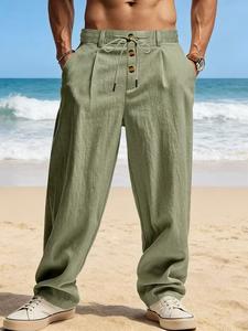 Pantalones largos de lino para hombre, ajuste holgado casual y transpirables, ideales como ropa de playa, con cordón ajustable y botones decorativos, para primavera, verano y otoño, aptos para actividades al aire libre y viajes.