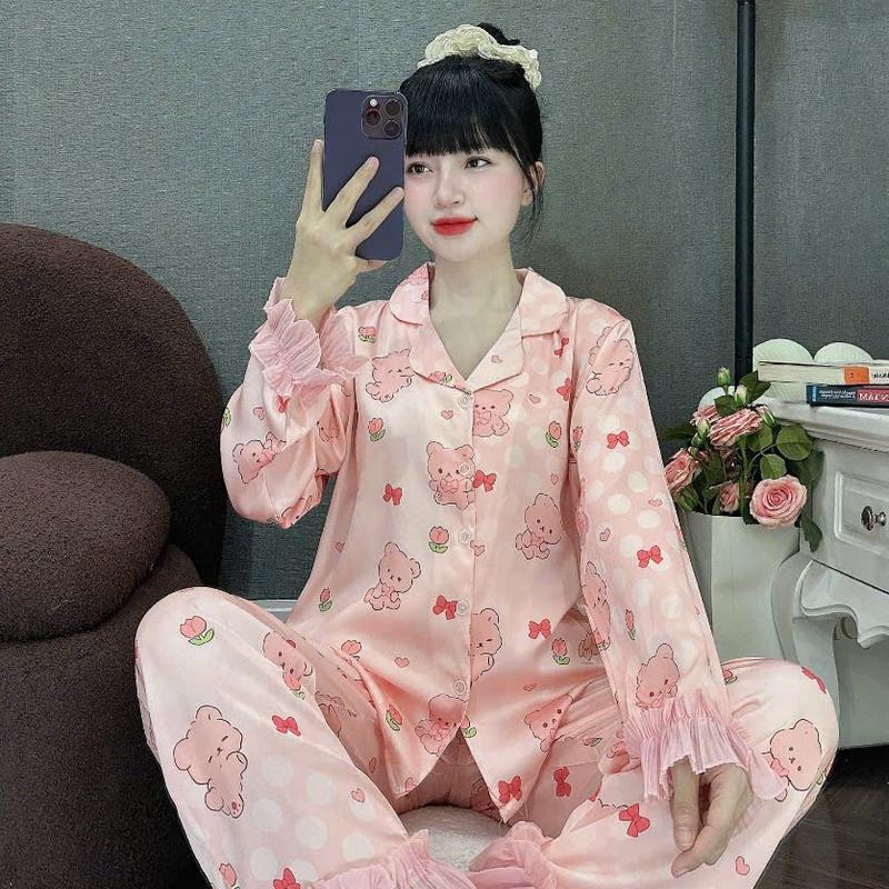 Size 40-60kg- Bộ Lụa Latin Tơ Tằm Tay Dập Ly Loe Cao Cấp Cổ Bẻ Họa Tiết Trơn Queen Tay Dài Quần Dài TDQD Mềm Mát Mặc Nhà Cao Cấp Pijama Mặc Nhà Nữ Women Voi Voan