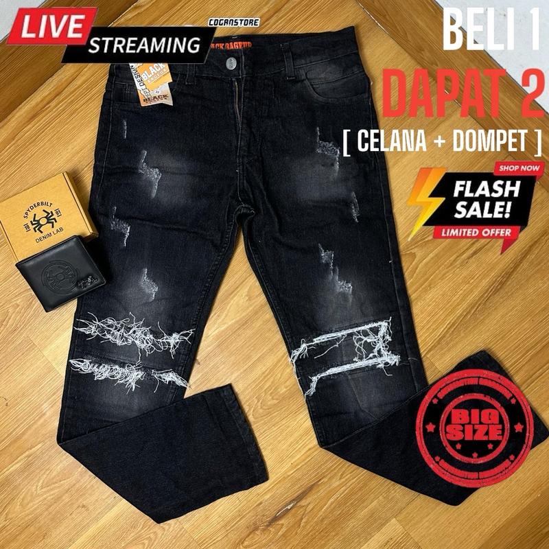 [BELI 1 DIKIRIM 2] Celana Ripped Jeans Karet Tidak Tembus + DOMPET “ JL07 “ 1