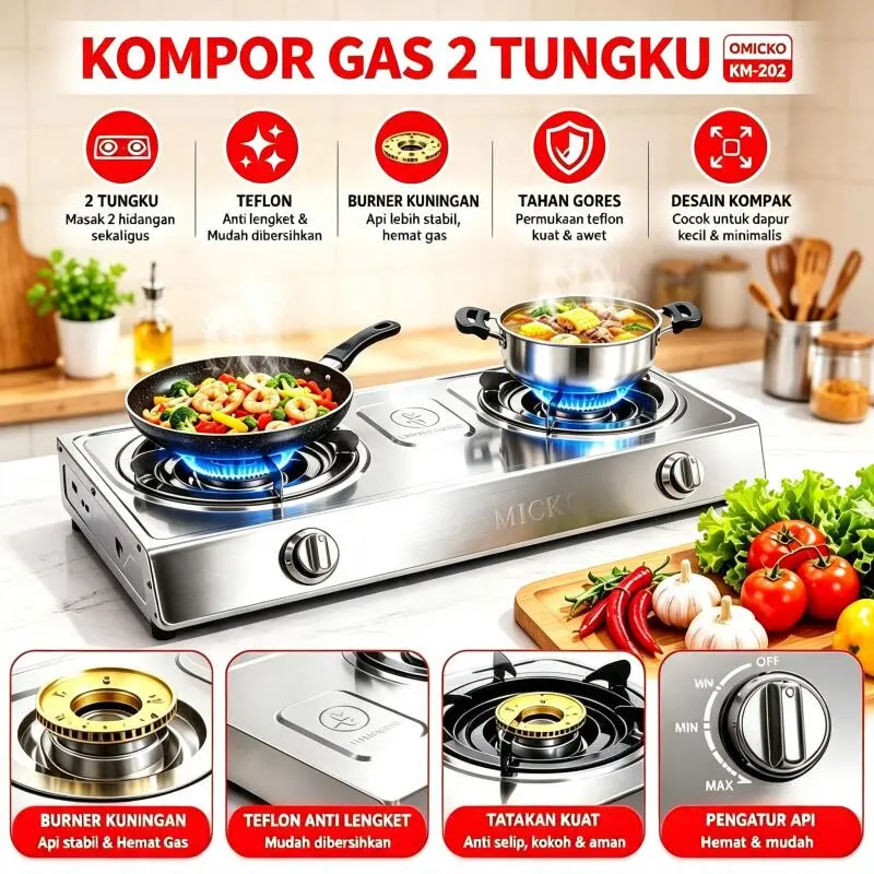 Kompor OMICKO KM-202 Dua Tungku Stainless Tahan Karat, Lapisan Teflon Mudah Dibersihkan, Api Biru Hemat Gas, Berlabel SNI Aman Masak Sehari-hari BISA COD