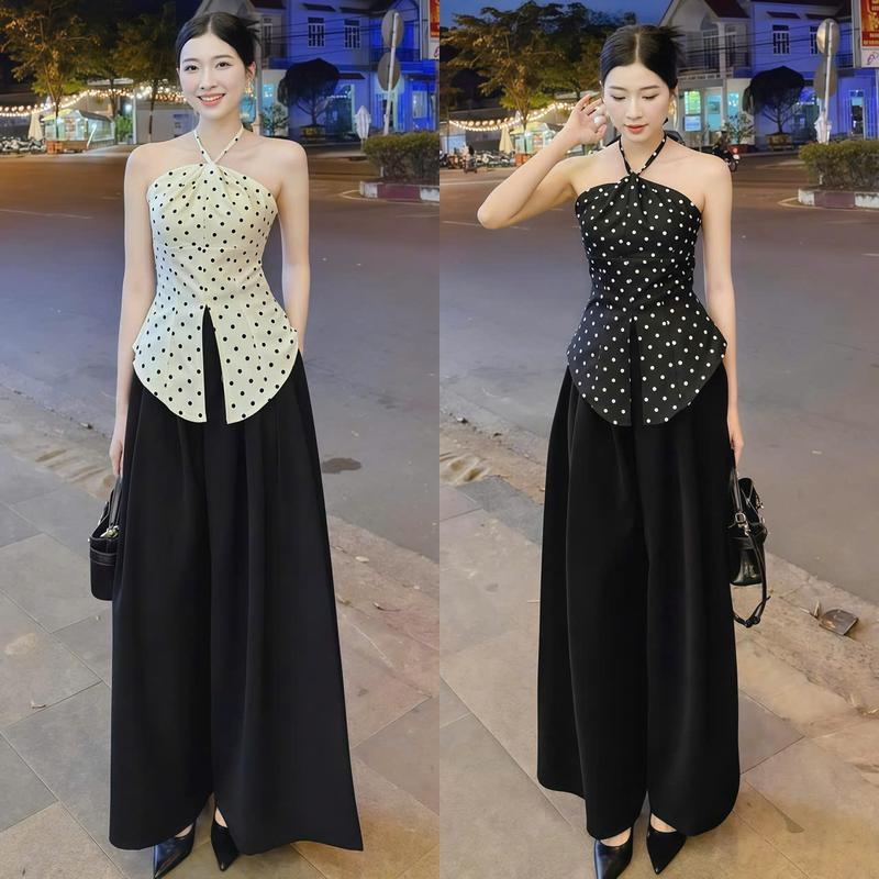 Set đồ nữ thiết kế áo chấm bi cổ yếm 2 lớp khoá kéo sau ( có mút ngực ) phối quần dài ống rộng sang chảnh, xinh xắn, sang trọng phù hợp cho các nàng diện đi tiệc, đi du lịch, đi chơi