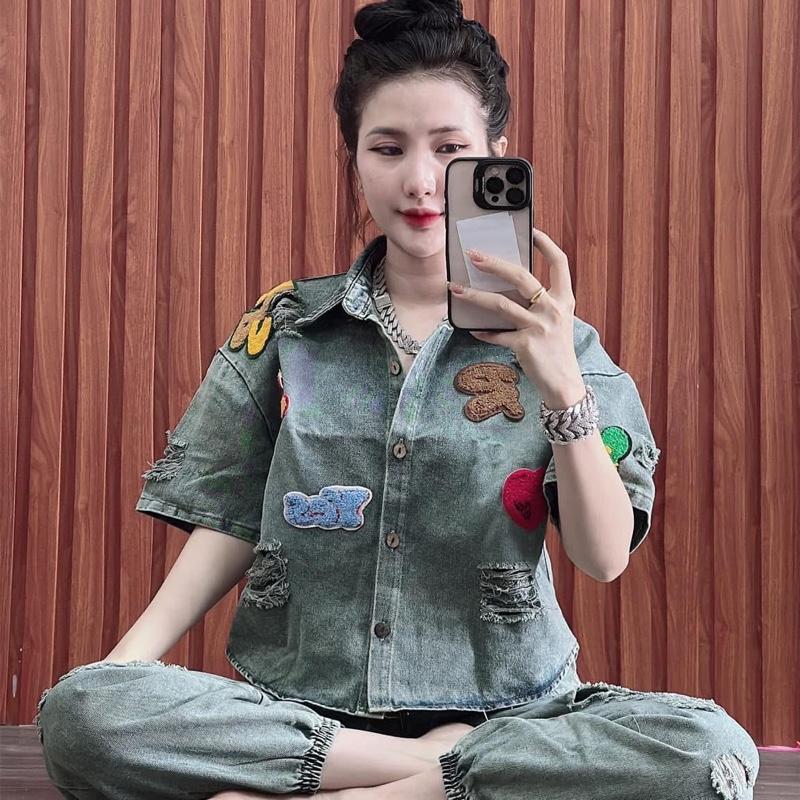 Đồ Bộ jean Tay ngắn Mai Phụ lieu long xù quần dài bo chun khong gian