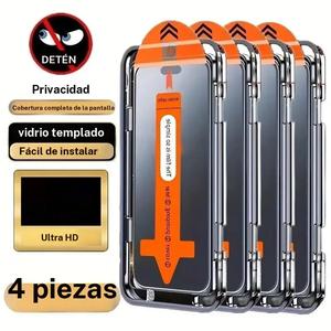 Paquete de 4 protectores de vidrio templado para iPhone con cobertura completa, privacidad, dureza 9H+, ultra HD, antiarañazos, huellas, fácil de instalar y anti miradas.