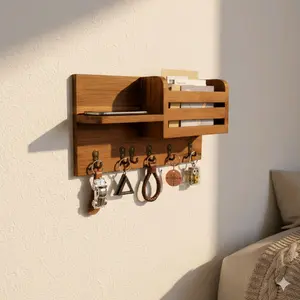 Rak Kunci Dinding Kayu Natural dengan Tempat Surat dan Gantungan Kunci Multifungsi untuk Ruang Tamu