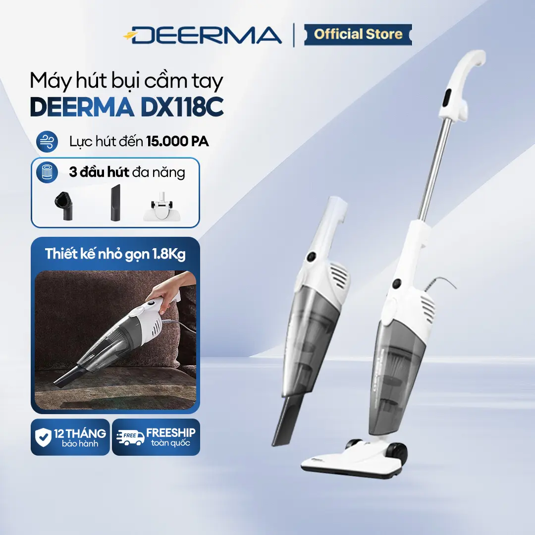 Máy hút bụi cầm tay Deerma DX118C màu xám vệ sinh hút bụi 2 trong 1 đa năng phiên bản quốc tế - Bảo hành 12 tháng