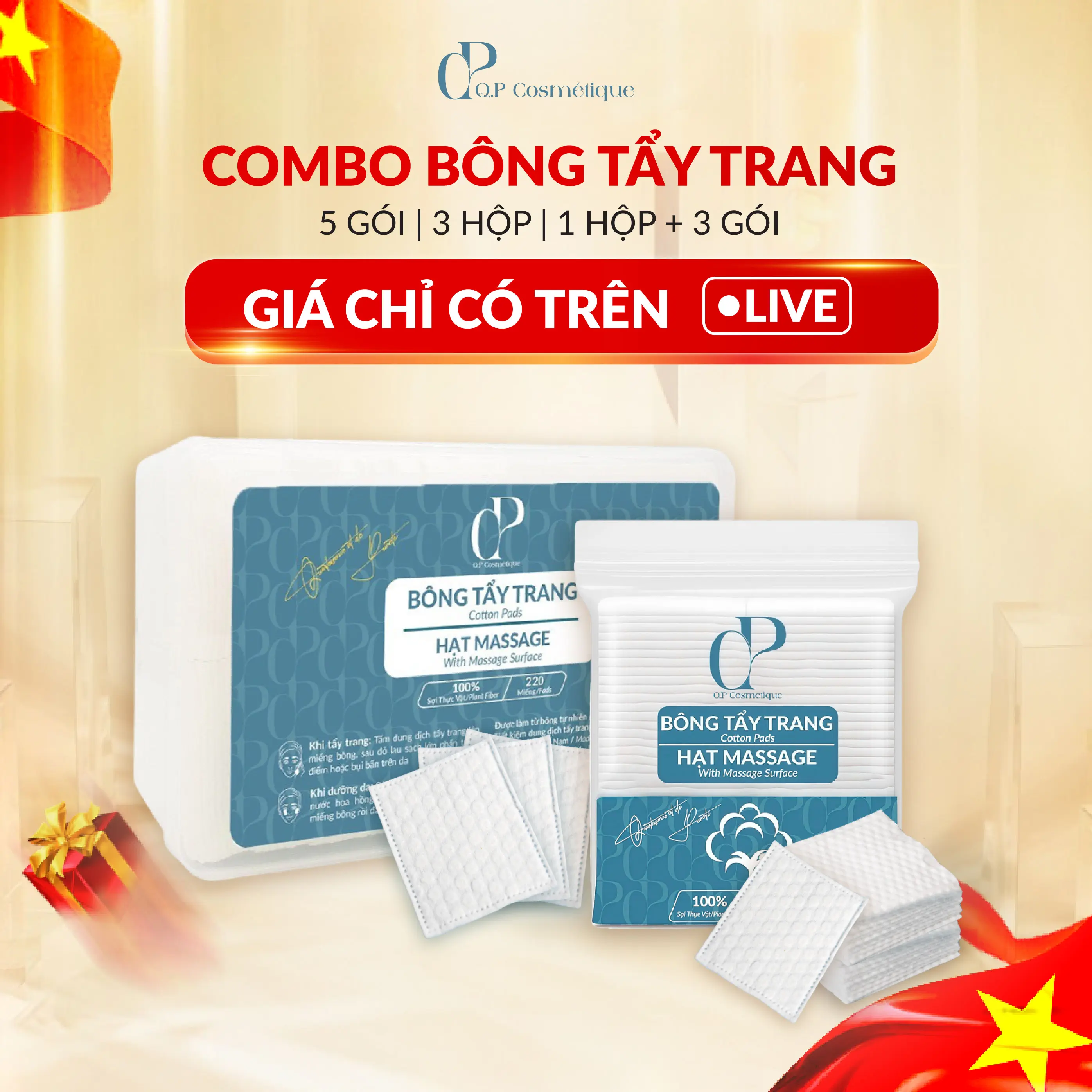 [GIÁ CHỈ CÓ TRÊN LIVE] Combo Bông Tẩy Trang Ép Định Hình Q.P Cosmétique Không Xơ Rách, Hạt Massage Sạch Sâu