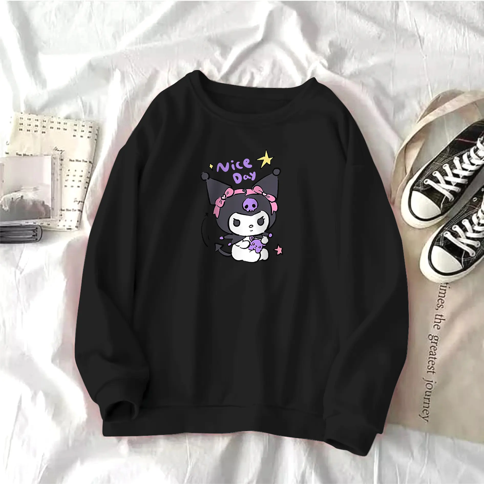 Look Sweater KUROMI NICE DAY Sweatshirt  Lengan Panjang Pria dan Wanita Kekinian Terbaru Bisa Bayar Di Tempat COD Ukuran L XL XXL