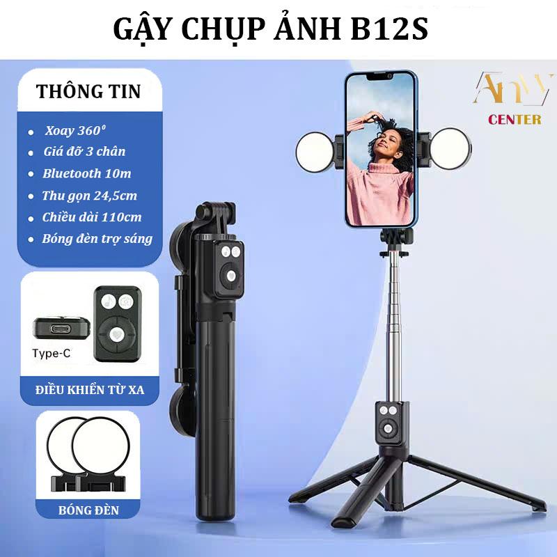 Gậy chụp ảnh 3 chân B12s có 2 bóng đèn trợ sáng, Gậy selfie cầm tay quay video xoay 360 độ, Giá đỡ điện thoại chống rung chắc chắn, Tripod nhỏ gọn kết nối bluetooth điều khiển từ xa 10m