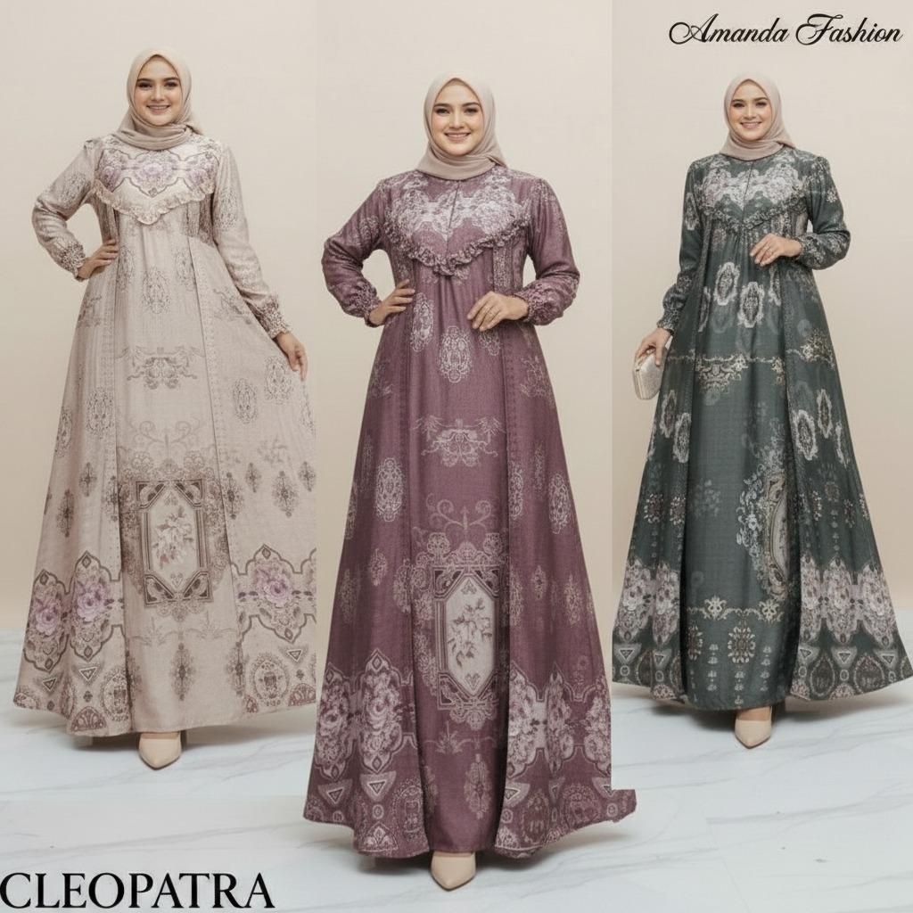 Gamis Amanda Cleopatra Bahan Silky Printing Motif Cantik Rompi Kanan Kiri MOTIF BUNGA RANDOM(Free Pouch)