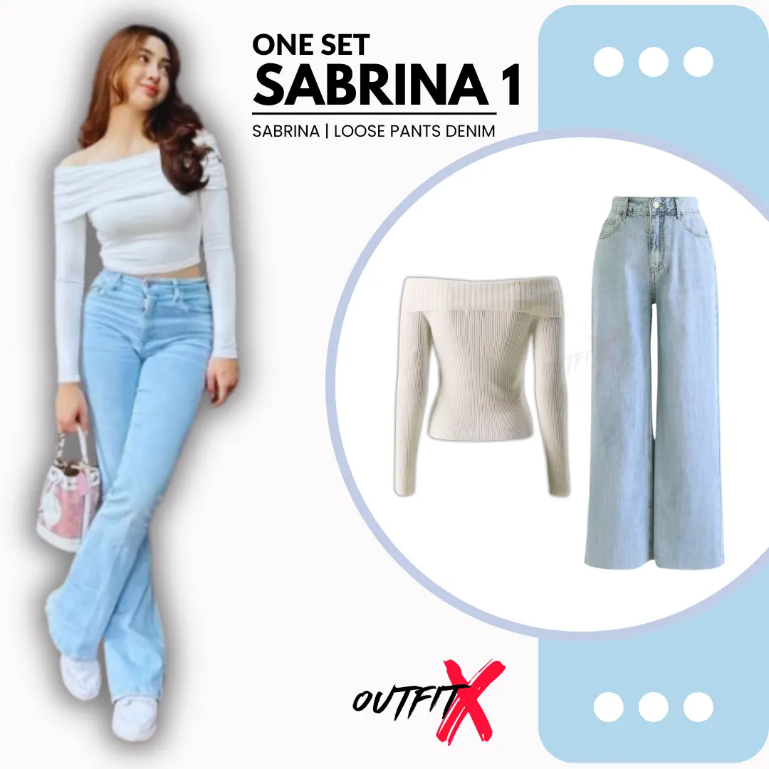 setelan wanita one set Outfit Sabrina One Set OOTD Wanita Kekinian Korea Style Sabrina Lose Pants Setelan Atasan & Bawahan Celana Denim Lembut Panjang Nyaman Kantong
