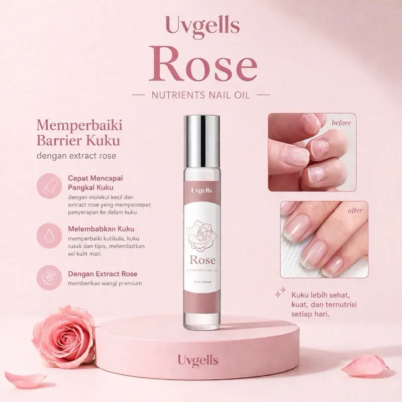 UVGELLS Rose Nutrients Nail Oil - Minyak Perawatan Kuku dengan Extract Bunga Mawar Premium untuk Memperbaiki dan Mempercepat Pertumbuhan Kuku