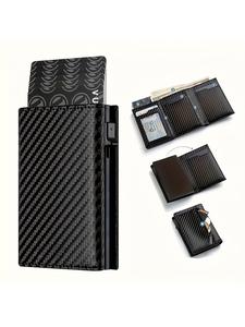 メンズ用財布、ファスナー付きコインポケット、自動ポップアップの金属製クレジットカードホルダー、RFIDスキミング防止機能付き名刺入れ、男性へのギフトに最適