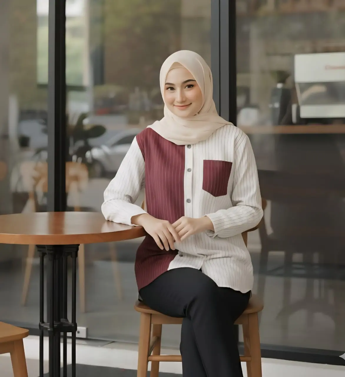 SH - Tania Atasan Fashion Wanita Casual Kekinian Lengan Panjang salur