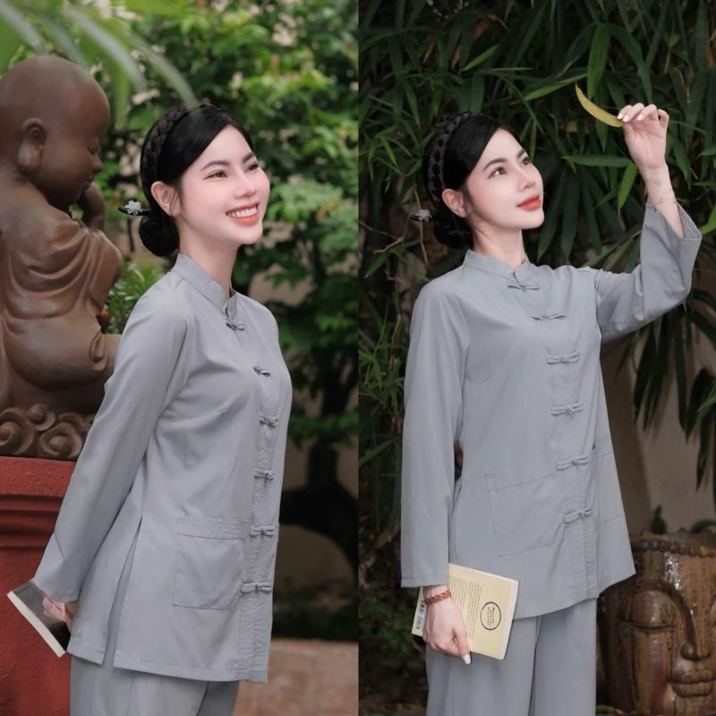  Pháp phục TRUYỀN THỐNG nút thắt 2 túi áo thêu chỉ lụa tuyết nhuyễn nhập cao cấp mềm mịn RẤT MÁT  tặng chuỗi vòng tay đá hoặc gỗ  -Pháp phục Tín Như 