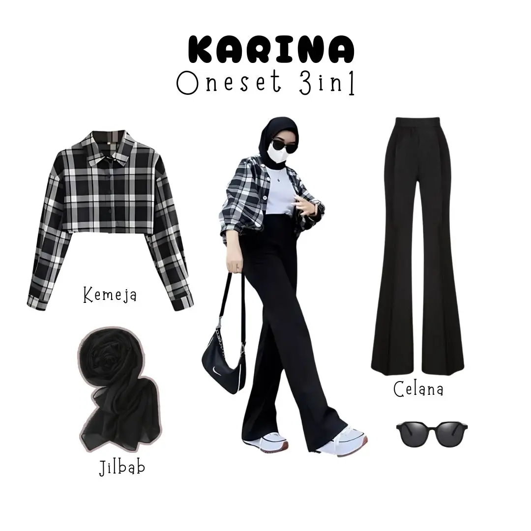 one set 3in1 kemeja crop kotak hitam putih celana kulot cutbray scuba highwaist hitam jilbab bella | perempuan wanita cewek ootd korean nonton konser hijab kuliah kerja nongkrong nonton style HK19
