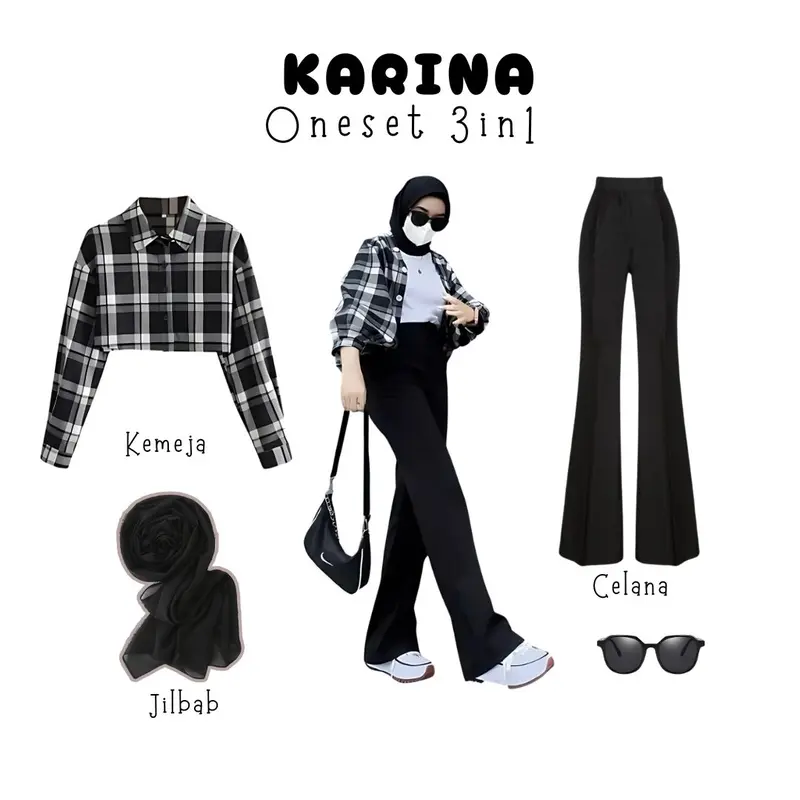 one set 3in1 kemeja crop kotak hitam putih celana kulot cutbray scuba highwaist hitam jilbab bella | perempuan wanita cewek ootd korean nonton konser hijab kuliah kerja nongkrong nonton style HK19 0