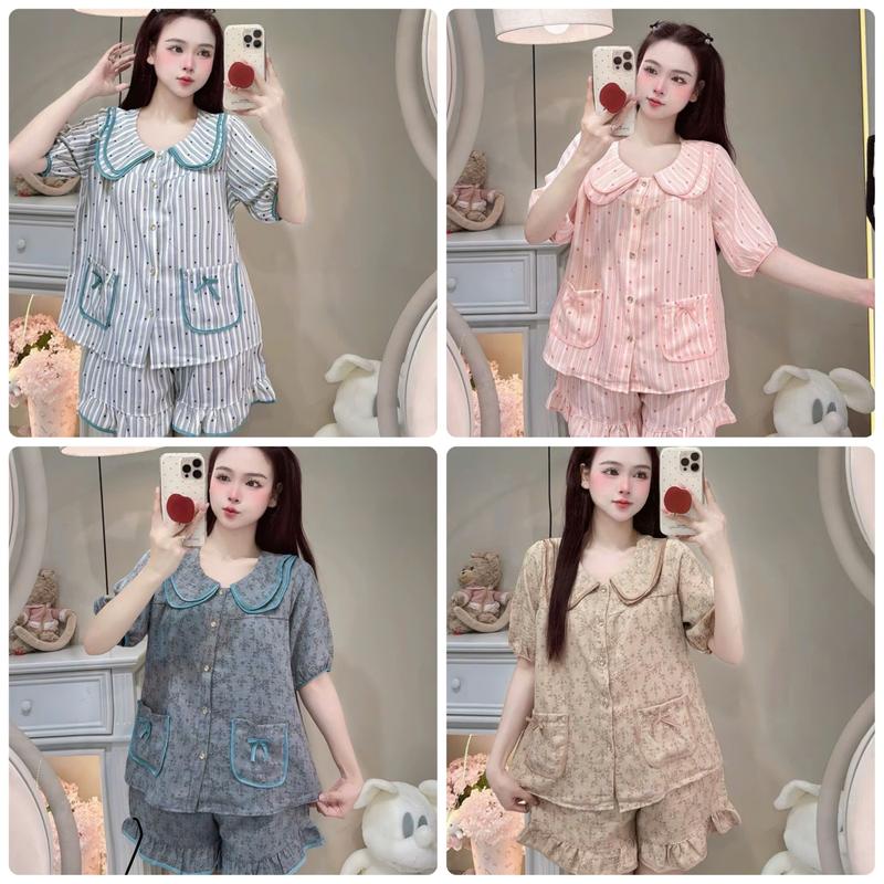 Bộ Đùi mặc nhà viền cổ 2 lớp kèm túi có nơ viền bo quanh cho nữ mặc nhà đi chợ…