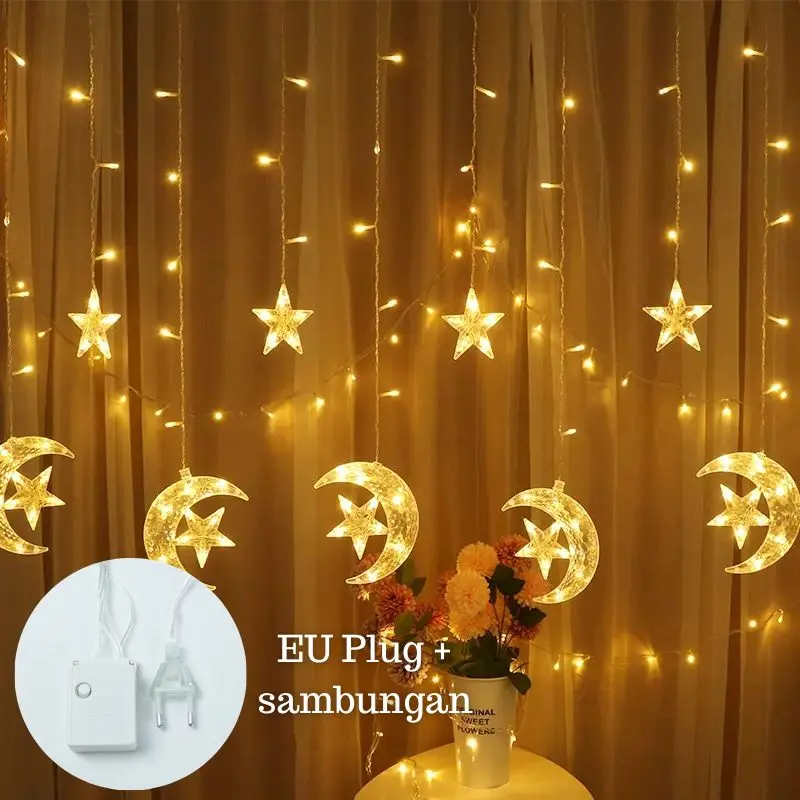 Lampu Tirai Bulan Bintang LED Curtain Light 4M Lampu LED Lebaran Idul Fitri Dekorasi Kamar Lampu Hias Outdoor