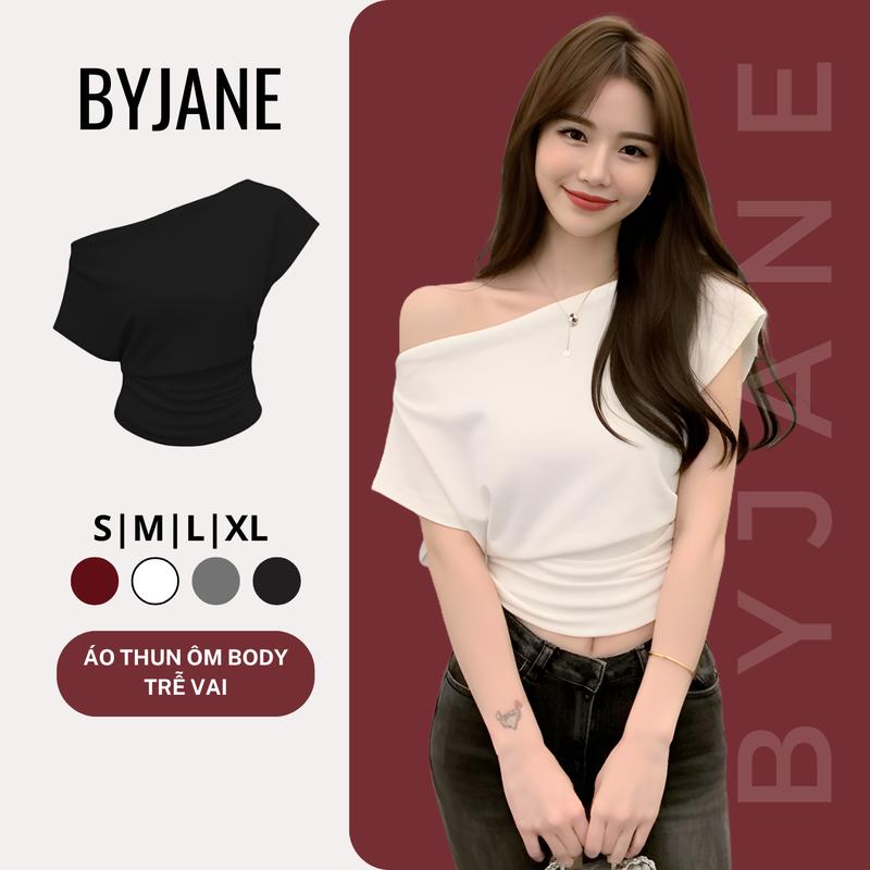 Áo trễ vai cộc tay nữ cotton co giãn BYJANE - 623