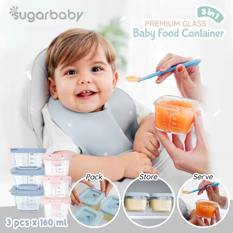 Sugar Baby Premium Glass Jar Baby Food Container 3 pcs BPA FREE / Peralatan Makan Bayi MPASI / Wadah Mangkok Bayi Silicone Lid & Plastic Lid 2
