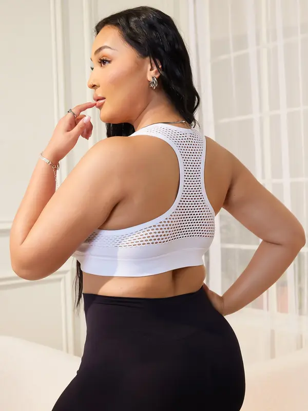 【Plus Size】 Solid Front Zipper Bralette, Casual Comfy Breathable Seamless Hollow Out Bra for Daily Wear, Women's Plus Size Lingerie for All Seasons 1