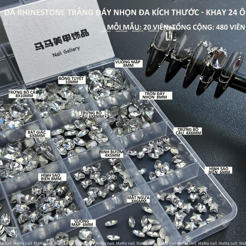Đá móng tay đế nhọn màu trắng 24 hộp nhiều kích cỡ khác nhau trong một hộp