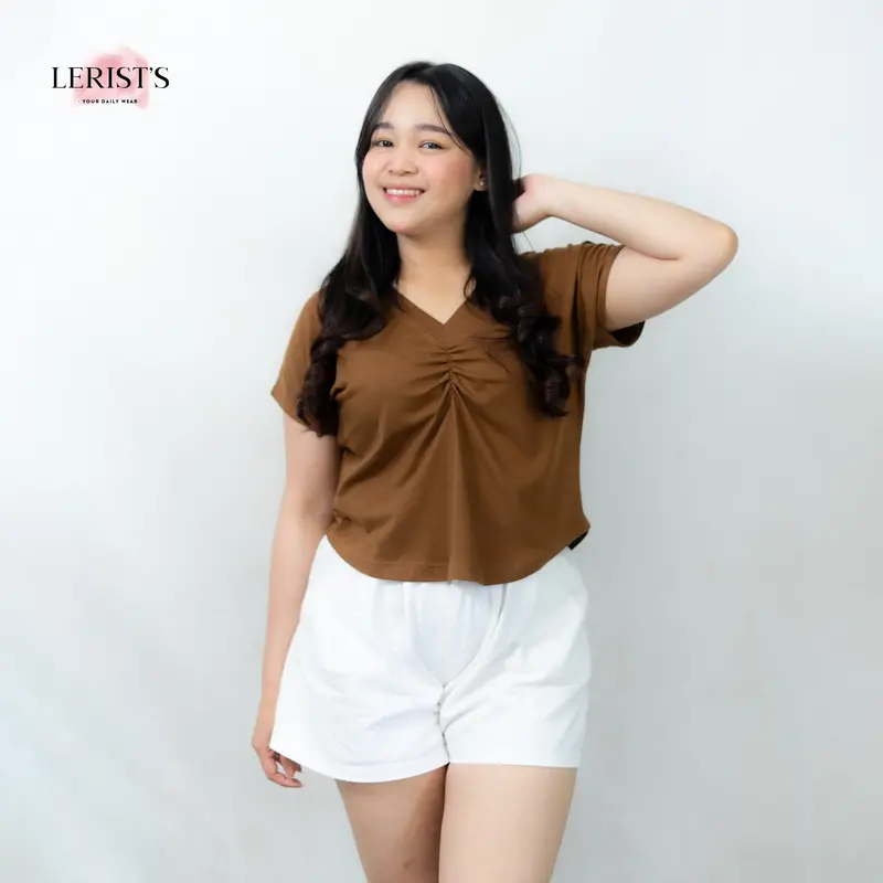 VNECK CROP KERUT DADA LERIST- Atasan wanita Crop top tee polos Kaos Katun Leher V Wanita Cotton Combed 30s Premium Lerist T-Shirt Polos Baju Pendek Lerist Basic Panjang 5