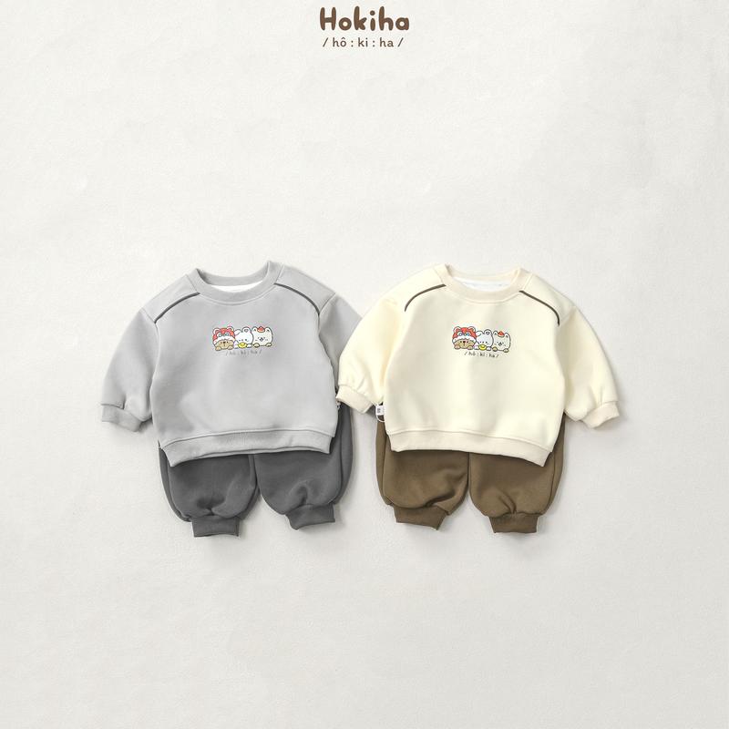   Hokiha  B328- Bộ quần áo nỉ dài tay cho bé trai bé gái hình đáng yêu vải nỉ ép 2 da mềm mịn ấm áp size 8-17kg 