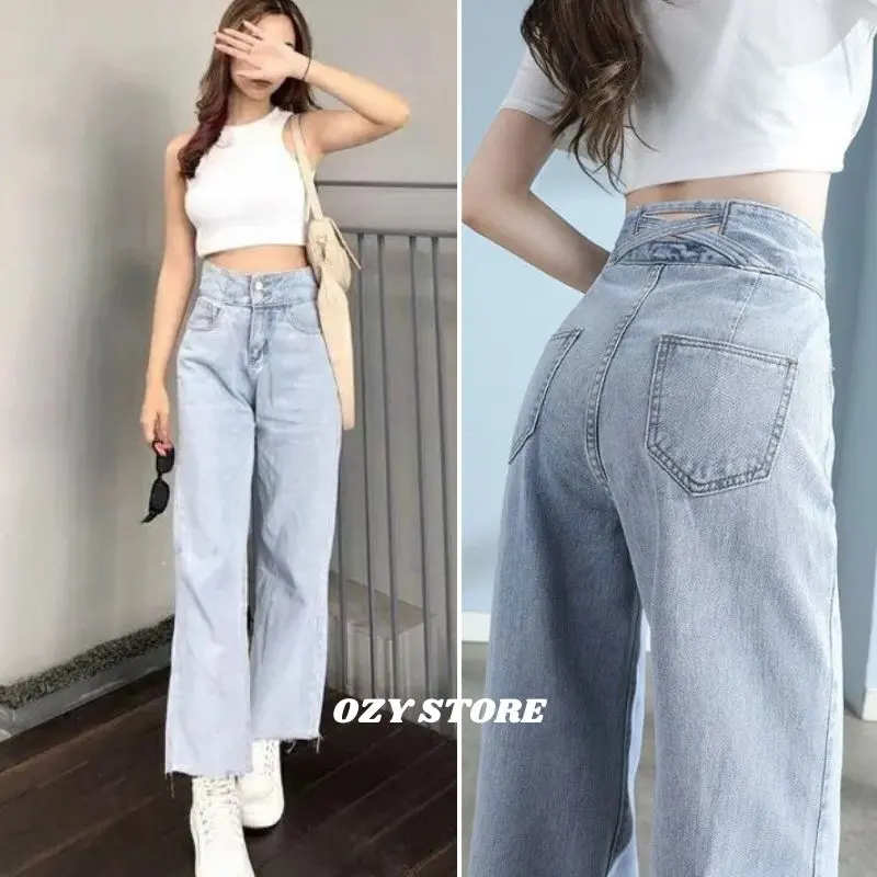 OZY STORE - Celana Jeans Wanita Highwaist Kancing 2 Model Belakang Silang Highwaist Bawahan Loose 0