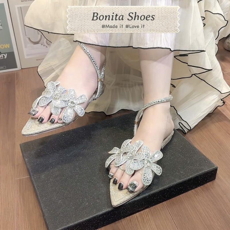  N1 Sandal mũi nhọn quai ngang mica 3 bông đá khoá kéo đế bệt - SD017 