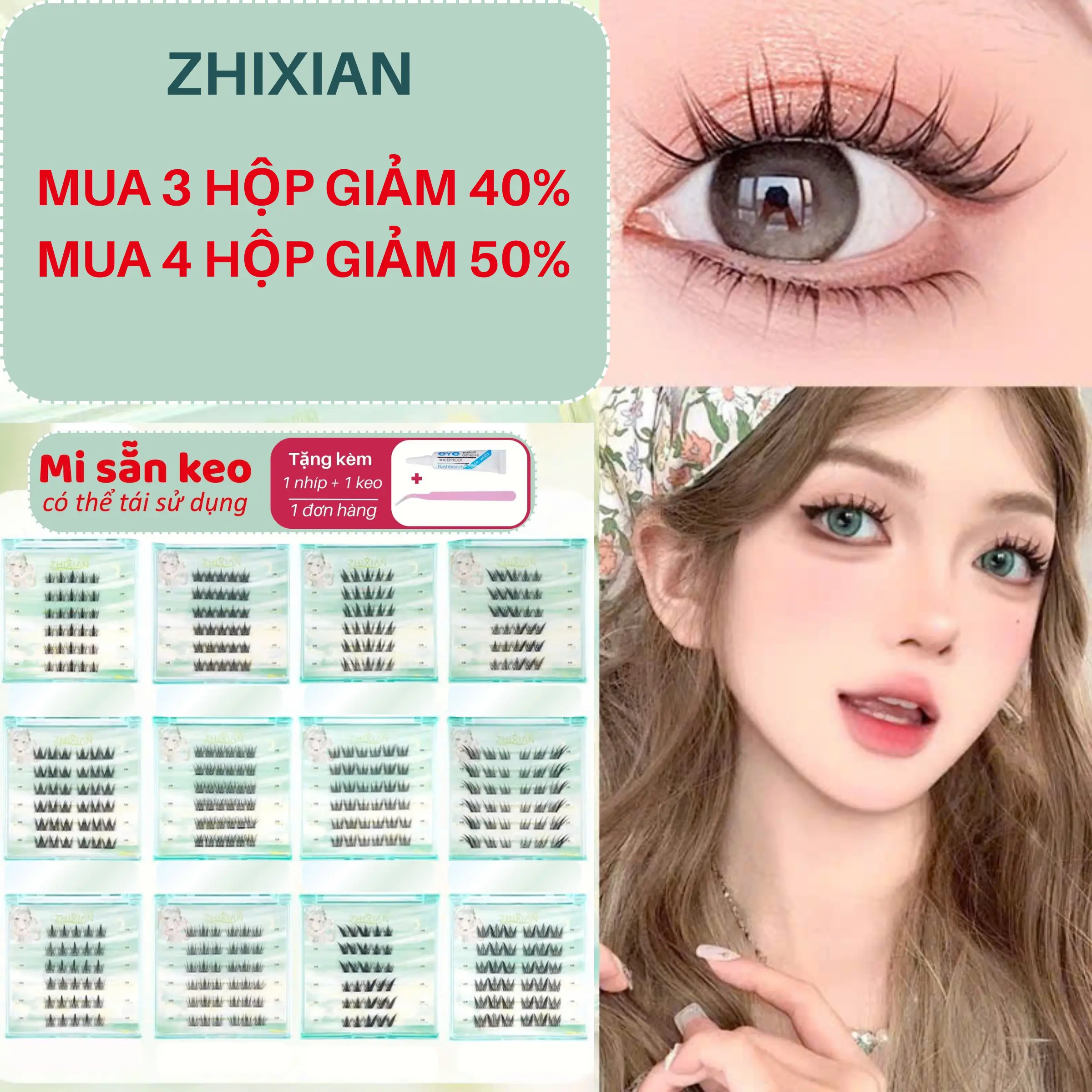 Lông Mi Giả Sẵn Keo Zhixian Tặng Kèm Nhíp + Keo Sợi Mảnh Tái Sử Dụng Chống Nước 24H Nhiều Kiểu Dáng HotTrend