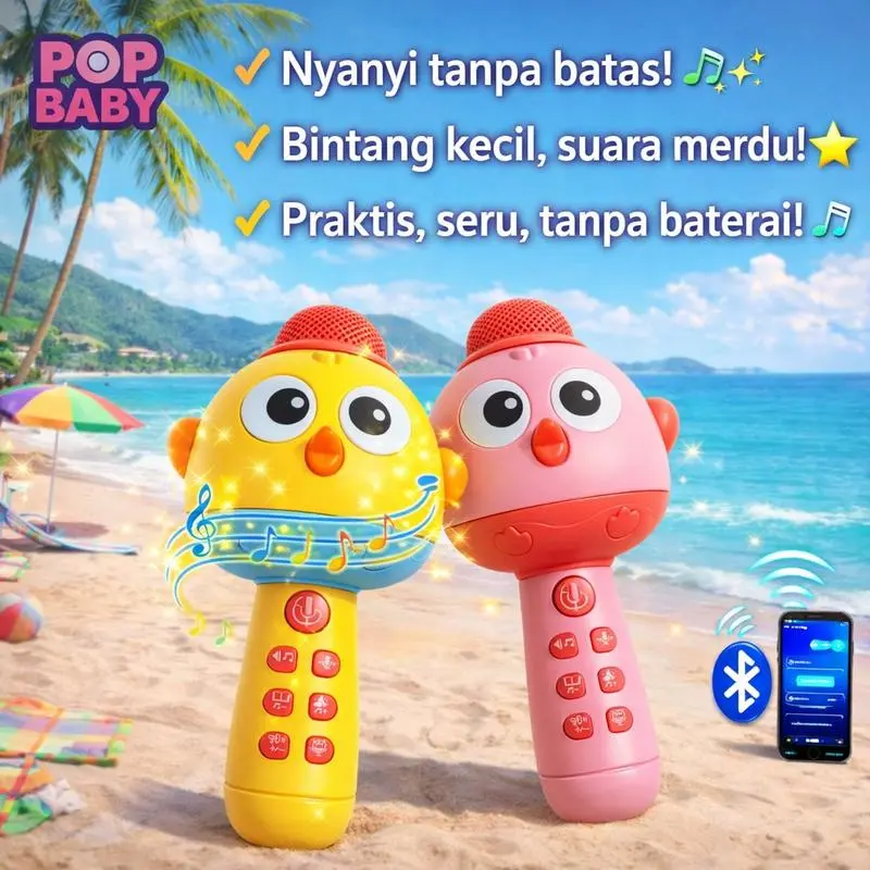 Pop baby Mainan Mikrofon Bluetooth Anak｜Fitur Ubah Suara｜Efek Lampu｜Isi Ulang USB｜Mikrofon Karaoke Anak
