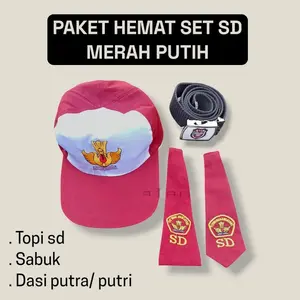 PAKET HEMAT SET SEKOLAH SD MURAH, TOPI MERAH PUTIIH IKAT PINGGANG DAN DASI PUTRA PUTRI