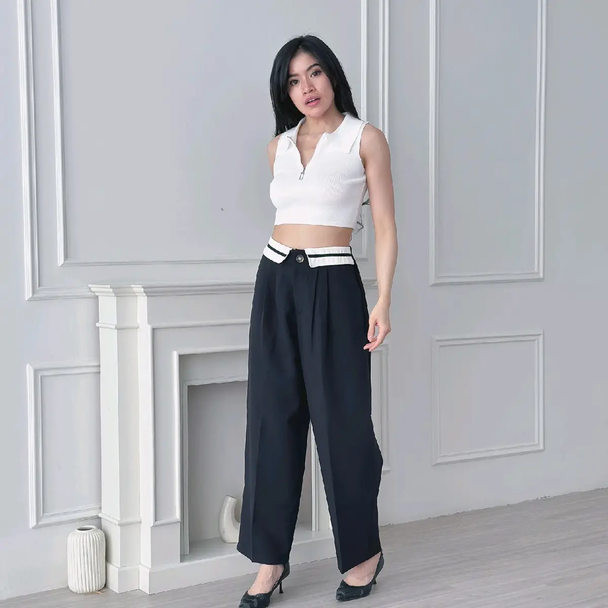 [RAMADAN SALE] CAMMOMILE Min Young Pants 2306022 Celana Kulot highwaist wanita celanakulot Panjang Polyester celana korean style Kaki