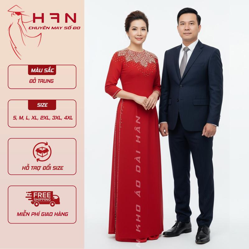 Áo dài thiết kế màu đỏ đính kết cổ đi tiệc hoặc làm quà tặng chất liệu chiffon 4 tà Nữ Dress Women Voi Voan Sen Hoa Sen