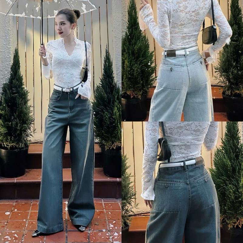 YURI JEANS - live Quần Jeans Nữ Ống Suông Phối Kiểu Túi Vuông Mã Chất Liệu Jeans Cotton Mềm Mại Màu Xanh Đậm Xanh Nhạt Chiều Dài 103CM